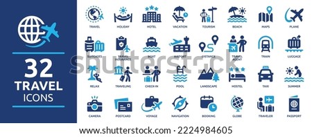 Travel icon set. Summer vacations and holiday symbol vector illustration. Collection of traveling and tourism elements.