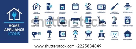 Home appliance icon set. Collection of household kitchen appliance solid icon. Containing washing machine, vacuum cleaner, refrigerator, TV and more. Vector illustration.
