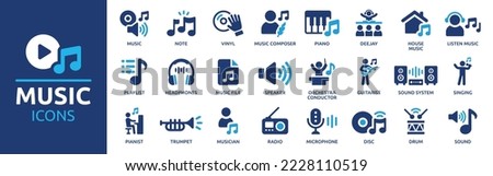 Music icon set. Musical instrument symbol. Containing musical note, vinyl record, radio, piano, speaker, sound and disc icons. Vector illustration.
