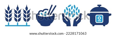 Set of rice icon. Containing paddy, cooked rice bowl, harvest and rice cooker icons. Vector illustration.
