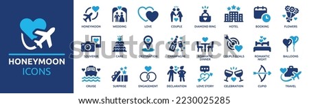 Honeymoon icon set. Love vacation symbol. Romantic holiday icon collection. Solid vector symbol illustration.