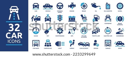 Car icon collection. Car service and repair icons element. Containing car wash, vehicle, garage, engine, oil, maintenance, accelerate and brake icons.
