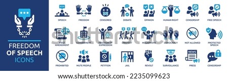 Freedom of speech icon set. Free speech message symbol concept. Democracy, censorship, press, human right icons. Solid icon collection.