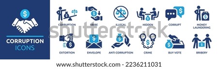 Corruption icon collection. Bribe Money, money laundering, anti corruption, crime and bribery icons. Vector illustration. 商業照片 © 