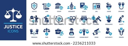 Justice icon set. Containing justice law, court legal, lawyer, judgment, authority, criminal and prison icons. Vector illustration. Solid icon collection.