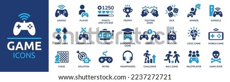 Game icon set. Gaming icon elements containing points and life bars, console, player, chess, multiplayer, casino and mobile game icons. Solid icon collection.