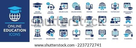 Online education icon set. Containing video tuition, e-learning, online course, audio course, educational website and digital education icons. Solid icon collection.
