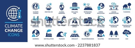 Climate change icon set. Containing global warming, greenhouse, melting ice, earth pollution and disaster icons. Solid icon set.