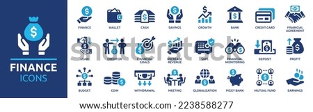 Finance icon set. Containing loan, cash, saving, financial goal, profit, budget, mutual fund, earning money and revenue icons. Solid icons collection. Foto stock © 