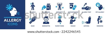 Allergy icon set. Containing allergens, immunity, sneeze, runny nose, rash, cough, pet allergy, antihistamine and dermatitis icons. Solid icon collection.