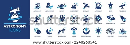 Astronomy icon set. Containing satellite, universe, astronaut, rocket, comet, telescope and planet icons. Solid icon collection.
