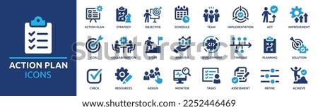 Action plan icon set. Containing planning, schedule, strategy, analysis, tasks, goal, collaboration and objective icons. Solid icon collection. Сток-фото © 