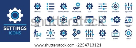 Settings, icon set. Containing options, configuration, preferences, adjustments, operation, gear, control panel, equalizer, management, optimization and productivity icons. Solid icon collection.