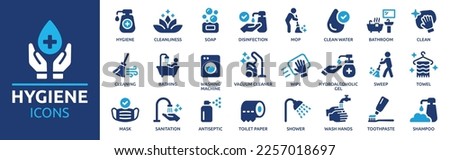 Hygiene icon set. Containing cleaning, disinfection, soap, bathing, sweep, shower, washing hands, clean and sanitation icons. Cleanliness concept. Solid icon collection.