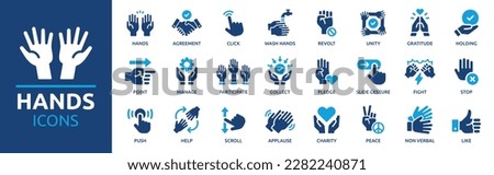 Hands icon set. Containing gesture, click, slide, push, agreement, participate, applause, like, holding, stop, scroll and point symbol. Solid icons vector collection.