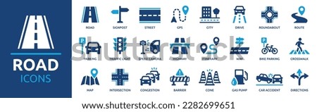 Road icon set. Containing street, highway, traffic light, signpost, directions, parking, route, GPS, drive, crosswalk, intersection and roundabout symbol. Solid icon collection.