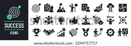 Success icon collection. Containing motivation, winner, goal, marketing plan, medal, target and business strategy icons. Solid icon set. Vector illustration.
