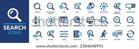 Search icon set. Containing magnifying glass, find, research, SEO and investigate icons. Solid icon collection. Vector illustration.