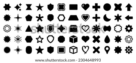 Set of black simple geometric shapes icons. Containing sparking, star, circle, rectangle, starburst and cross symbol collection. Vector illustration.