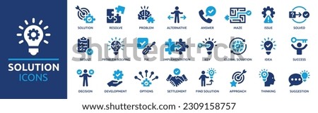 Solution icon set. Containing problem-solving, alternative, resolve, answer, maze, issue and success icons. Solid icon collection. Vector illustration.