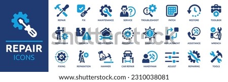 Repair icon set. Containing fix, home and car repair, maintenance, toolbox and repairman service icons. Solid icon collection. Vector illustration.