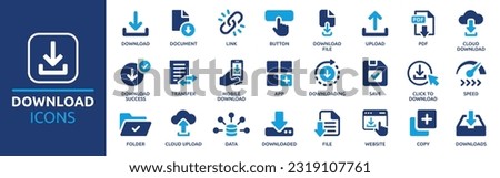 Download icon set. Containing upload, document, link, download file, folder, data and PDF icons. Solid icon collection. Vector illustration.