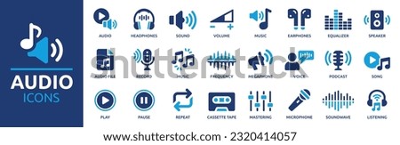 Audio icon set. Containing headphones, sound, music, volume, earphones, equalizer and speaker icons. Solid icon collection. Vector illustration.