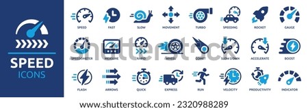Speed icon set. Containing fast, slow, movement, productivity, indicator, turbo, speeding, gauge, express and speedometer icons. Solid icon collection. Vector illustration.