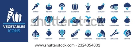 Vegetables icon set. Containing carrot, tomato, mushroom, broccoli, eggplant, corn, cucumber and lettuce icons. Solid icon collection. Vector illustration.