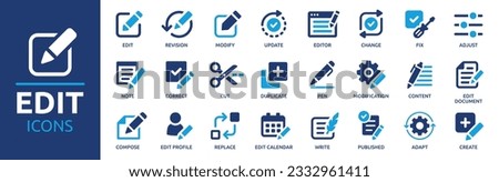 Edit tool icon set. Containing editor, create, adjust, note, compose, revision, cut, duplicate, pen and document icons. Solid icon collection. Vector illustration.