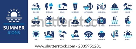 Summer icon set. Containing beach, sun, swimming, sunscreen, sunglasses, palm tree, ice cream and swimming pool icons. Solid icon collection. Vector illustration.