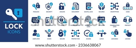 Lock icon set. Containing padlock, security, unlock, lock document, secured, biometric, lockdown, protect and secure icons. Solid icon collection. Vector illustration.