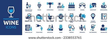 Wine icon set. Containing wine bottle, wine glass, grape, corkscrew, vineyard, barrel and winery icons. Solid icon collection. Vector illustration.