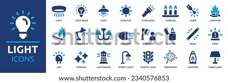 Light icon set. Containing light bulb, lamp, flashlight, LED, chandelier, spotlight and lighter icons. Solid icon collection. Vector illustration.