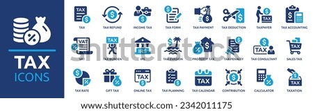 Tax icon set. Containing tax refund, tax deduction, payment, tax accounting, calculator, taxpayer, VAT, taxation and income icons. Solid icon collection. Vector illustration.