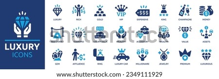 Luxury icon set. Containing diamond, rich, gem, gold, assets, expensive, jewelry, VIP, wealth and money icons. Solid icon collection. Vector illustration.