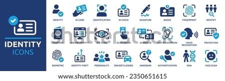 Identity icon set. Containing ID card, biometric, fingerprint, identification, passport, DNA and authentication icons. Solid icon collection. Vector illustration.