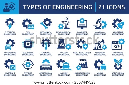 Engineering icon set. Containing electrical engineering, mechanical, civil, environmental, manufacturing, electronic, computer, health and safety icons. Solid icon collection. Vector illustration.