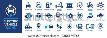 Electric vehicle icon set. Containing electric car, charging station, battery, EV charging, e-bike, hybrid, e-car, electric scooter and power. Icons collection. Vector illustration.