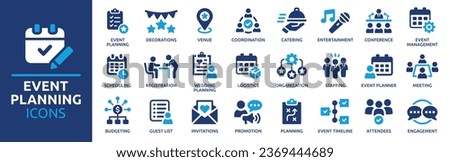 Event planning icon set. Containing decorations, venue, event planner, registration, entertainment, catering and invitations symbol. Solid icons collection. Vector illustration.