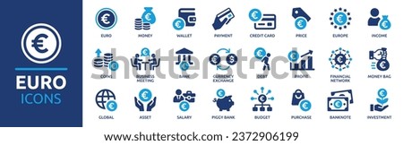 Euro money icon set. Containing Euro currency, income, payment, business and investment icons. Financial icon collection. Vector illustration.