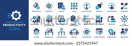 Productivity icon set. Containing efficiency, task, focus, multitasking, workflow, growth, routine, project management, automation and productive. Vector solid symbol collection.