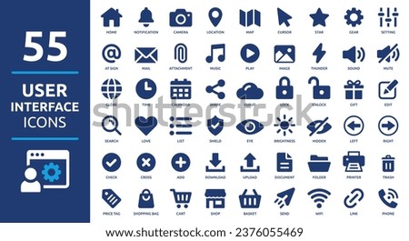 User interface icon set. Basic UI and UX solid icons design. Pack of vector symbol illustration collection.