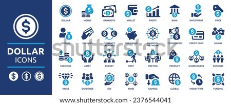 Dollar icon set. Money, wallet, payment, bank, fund, earnings, income, currency, business and more. Collection of solid icons, vector illustration pack.