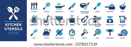 Kitchen utensils icon set. Containing cutlery, spatula, frying pan, knife, spoon, fork, saucepan, bowl, plate, ladle, grater measuring spoons and more. Vector solid icons collection.