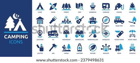 Camping icon set. Camp, tent, fishing, nature, picnic table, forest, campfire, hiking and more. Vector solid icons collection.