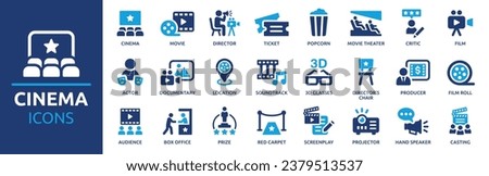 Cinema icon set. Containing movie, ticket, film, actor, popcorn, casting, director, soundtrack and producer. Vector solid icons illustration collection.