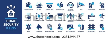 Home security icon set. Containing alarm, surveillance, lock, CCTV, thief, key, intrusion detection, guard dog and more. Vector solid icons collection.