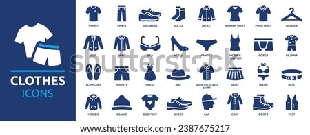 Clothes icon set. Containing shirt, pants, shoes, socks, shorts, jacket, dress, coat, hat, hanger and more. Solid clothing icons vector collection.