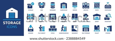 Storage icon set. Containing warehouse, database, box, inventory, container, shelf, archive and more. Vector solid icons collection.